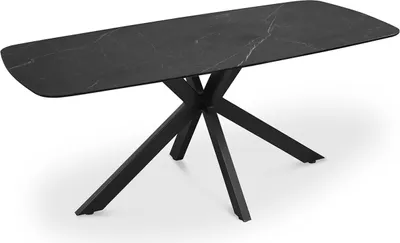 Immagine prodotto di Tavolo rettangolare 180x90 cm con piano in pietra effetto marmo nero e struttura in metallo nero, design moderno per cucina, sala da pranzo VITO