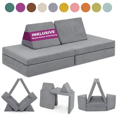 Produktbild von Linodino Spielsofa - Kindersofa | Kinder Couch als Kuschelecke und Indoor Spielplatz | Kinder Sofa aus Schaumstoff Bausteinen I Delfingrau
