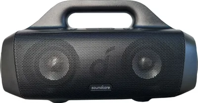 A black Soundcore by Anker Motion Boom Bluetooth speaker is shown against a white background.
