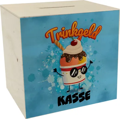 Produktbild von Trinkgeldkasse Spardose aus Holz mit süßem Eisbecher