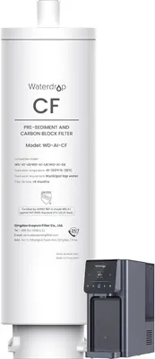 A water filter cartridge and a water dispenser are shown against a white background.