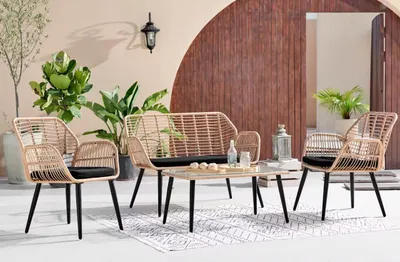 Produktbild von Loungeset 7tlg. helles Rattan mit Sitzkissen in schwarz