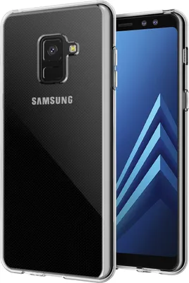 A clear product shot of a Samsung phone in a transparent case, with the phone's screen displaying a blue abstract pattern.