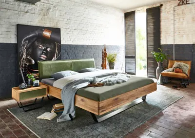Produktbild von Bett Samso Sonderlänge 200x210 cm Wildeiche Lederkopfteil Olivgrün Metallkufen