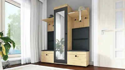 Produktbild von Flurgarderobe DUO-2, Spiegel, Garderobenschrank, 2 Schuhschränke, 6 Kleiderhaken, 2 Hutablagen - Artisan Eiche