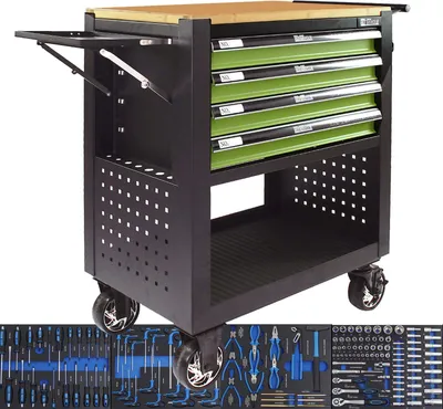 Produktbild von Werkstattwagen Profi Compact bestückt 85 x 68 x 46 cm Holzplatte 4 Schubladen Lochwand Ablage grün