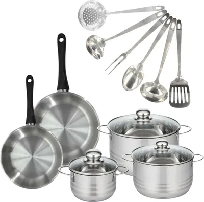 Image de Batterie de cuisine avec 2 poêles 20/24 cm et 3 faitouts 16/20/24 cm avec 6 ustensiles de cuisine Fackelmann Généva Brillant Oxford