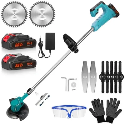 Produktbild von Akku-Rasentrimmer, Elektrischer Grasschneider, mit 2 Batterie und Ladegerät, 180° Trimmwinkel, Teleskop-Stiel & Zusatzhandgriff, Blau