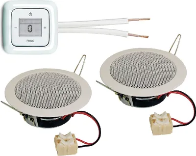Produktbild von Busch Jäger Unterputz Bluetooth Radio 8217 U (8217U) alpinweiß Komplett-Set Reflex SI + 2 x Deckenlautsprecher / Einbaulautsprecher (Diverser) + Radioeinheit inkl. Bedienelement + 1-fach Rahmen + 20 Meter Lautsprecherkabel 2x0,75 mm² Unterputzradio