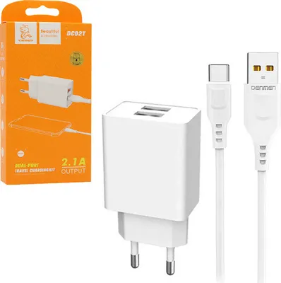 Zdjęcie produktu dla Ładowarka Sieciowa 2.1A 10W  Biała Denmen 2100Ma 2Xusb Dc02 + Kabel Typ-C White