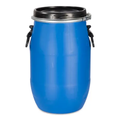 A blue plastic barrel with a black lid and metal clasps, shown against a white background.