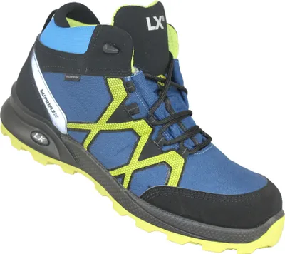 A single blue and black work boot with yellow accents is shown against a white background.