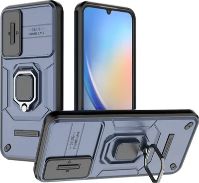 Produktbild von Hülle für Samsung Galaxy A34 Dual Layer Handyhülle Schiebe Kamera Schutz und Ringhalter Ständer Blau