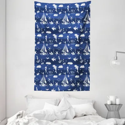 Produktbild von ABAKUHAUS Navy blau Wandteppich und Tagesdecke, Grunge Anchor Schiff aus Weiches Mikrofaser Stoff Waschbar ohne Verblassen Digitaldruck, 140 x 230 cm, Blau Weiss