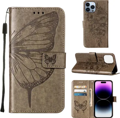 Produktbild von iPhone 14 Pro Hülle, Schmetterling Prägung Flip Leder Kartenfächer Schutzhülle Ledertasche mit Ständer für iPhone 14 Pro Grau