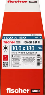 Produktbild von fischer Holzbauschraube PowerFast FPF II WTP 10,0 x 180 BC 50 Tellerkopf mit Innenstern TX Teilgewinde galvanisch verzinkt blau passiviert, 50 Stück