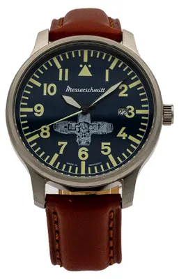 Produktbild von Messerschmitt ME Boxer - Quarz Herrenuhr mit dunkelbraunem Lederarmband, Ziffernblatt Blau