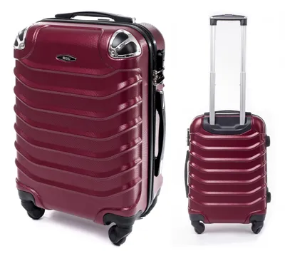 Two views of a dark red suitcase on a white background.