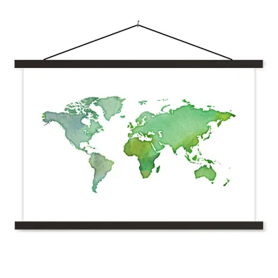 Produktbild von MuchoWow® Textilposter Weltkarte - Aquarell - Grün 60x40 cm mit schwarzem Rahmen - Hölzernes