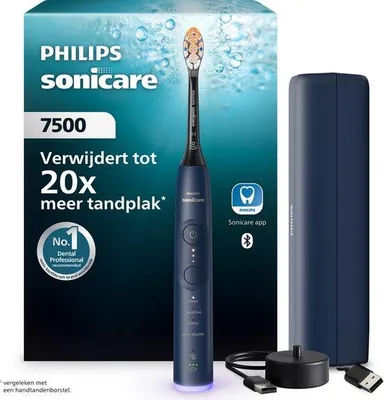 Zdjęcie produktu dla Philips Series 7500 HX7423 Ładowana szczoteczka do zębów, Dorosły, Soniczna szczoteczka do zębów, Delikatny, Pielęgnacja dziąseł, Wybielający, 62000 ruchów na minutę, Niebieski, 2 min, 4 x 30 sec