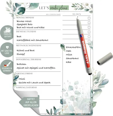Produktbild von Essensplaner Woche abwischbar inkl. Markenstift | Wiederverwendbarer Wochenplaner für Küche & Haushalt | Haftet ohne Magnet auf Kühlschrank, Fliesen, Türen