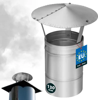 A chimney cap with a "Made in EU" tag and size information.