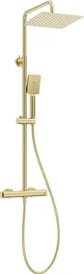 A gold-colored shower fixture with a rain showerhead and a handheld showerhead, mounted on a vertical bar with a thermostat control.