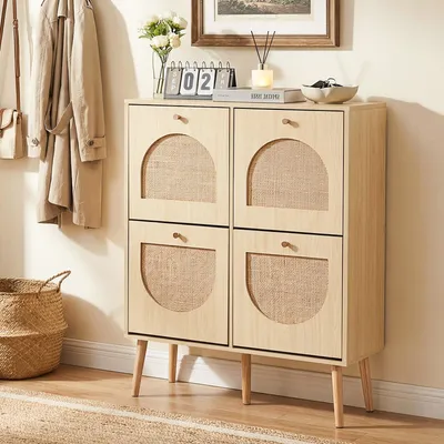 Produktbild von HOKEEPER Schuhschrank Schmal, Schuhregal mit 4 Klappen, Schuhkipper mit Verstellbar, Schuhaufbewahrung Holz, Schuhablage Schuhkommode für Eingang