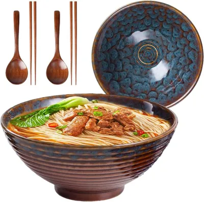 Produktbild von Ramen-Schüssel Set 2er aus Keramik 1200 ml mit Stäbchen & Löffel | 2 Ramen-Schüsseln aus Keramik 1200 ml mit Stäbchen & Löffeln, ideal für Ramen, Suppe, Salat und Poke Bowls.