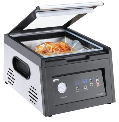 Imagen del producto de VEVOR, máquina de vacío para alimentos, con una potencia de sellado de 260W, ideal para envasar alimentos húmedos, carne, marinados y más. Tamaño compacto con una anchura de sellado de 260 mm, adecuada para uso doméstico y comercial. Potencia: 380W