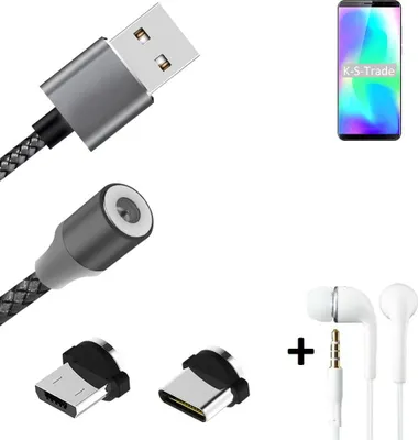 Produktbild von K-S-Trade® Hochwertiges Magnet-Lade-kabel Sync-Kabel Daten-Kabel + Kopfhörer kompatibel mit Cubot X19 mit USB-Typ-C-Anschluss und