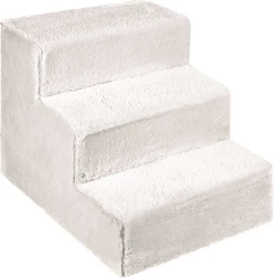 Produktbild von Hundetreppe für kleine Hunde 30 cm hoch hellgrau - Leiter 3 Stufen, gepolstert mit flauschigem Stoff, der Fell imitiert, tragbar - Plattform für Sofa