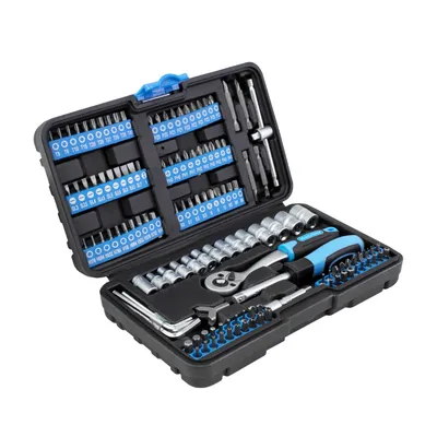 A tool kit with various sockets and bits, laid out in a black case.