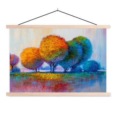 Produktbild von MuchoWow® Textilposter Malerei - Ölgemälde - Natur - Bäume 120x80 cm mit holzfarbenen Rahmen - Aufhängeset