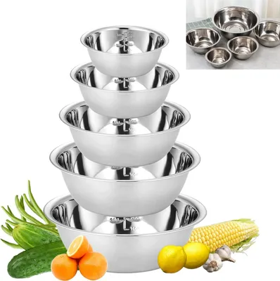 Produktbild von 5-teiliges Rührschüssel-Set aus Edelstahl, stapelbare Salatschüsseln mit flachem Boden, für Küche, Backen und Salate, 14/16/20/22/24 cm