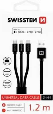 Immagine prodotto di Cavo USB 3in1 - lightning MFI / microUSB / USB-C 1,2 m nero - 8595217463400
