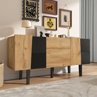 Produktbild von MODFU Sideboard, Modernes TV-Schrank,40x140x70cm,mit Stauraum für 60"-Fernseher, mit Massivholzfüßen für TV-Ständer, mit 2 Schubladen,Wohnzimmermöbel Medienkonsolen,Holzfarbe+ Schwarz