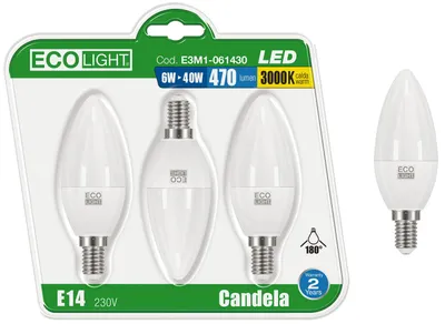 Immagine prodotto di Kit 3 Lampadine a LED oliva E14 EcoLight - 6W 6400K - Fredda