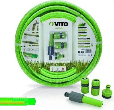 Produktbild von Gartenbewässerungsset aus verstärktem PVC, 20 m Durchmesser, 15 mm Durchmesser, Multijet-Lanze + 2 Anschlüsse + VITO-Wasserhahn