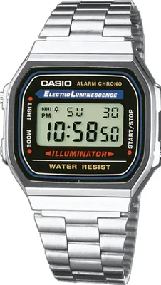 A digital watch with a silver metal band and a black face displaying the time and date.