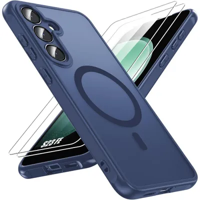 Image de Coque + 2 Verre Trempé pour Samsung Galaxy S23 FE, avec Cercle Magnétique Vitre Caméra - Bleu Foncé