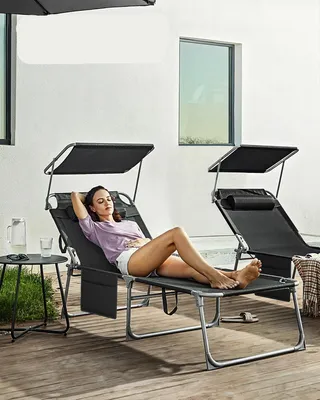 Immagine prodotto di Lettino solarium - Sedia a sdraio - Lettino da giardino - Lettino da spiaggia - Pieghevole - Ombrellone regolabile - Acciaio verniciato a polvere