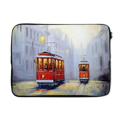 Produktbild von MuchoWow® Laptop Hülle 13 Zoll Gemälde - Straßenbahn - Stadt - Öl Laptoptasche - Laptophülle - Sleeve - Rundumschutz