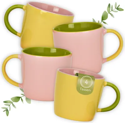 Produktbild von Kaffeetassen 4er Set, 300 ml aus Steingut in Gelb Rosa & Grün