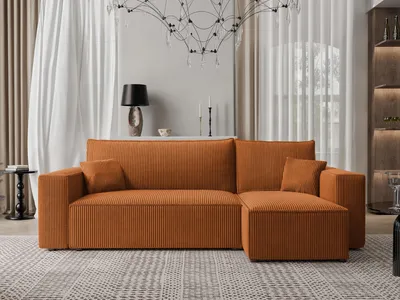 A modern living room with an orange sectional sofa.