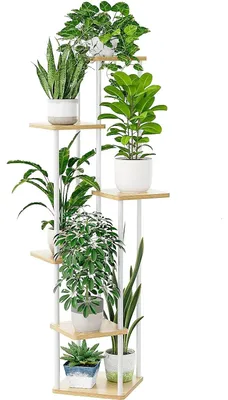 Produktbild von Pflanzenständer - Blumentopfregal aus Metall und Holz - 6 Ebenen - Für Mehrere Pflanzen - Natürliche Holzoptik - Für Innenräume
