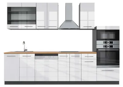 Immagine prodotto di Cucina componibile Vicco Fame-Line Bianco lucido/antracite 300 cm con armadio alto, PL Rovere, Model 42750