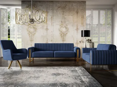 Produktbild von Sofaset Designersofas VALERIE 3-2-1 in Stoff Stoff Elisa Velvet Dunkelblau