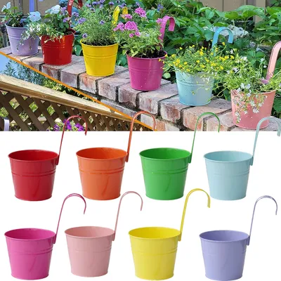 Image de Pots suspendus en fer, pots de balcon, à accrocher aux clôtures, seaux en métal, lot de supports pour plantes d'intérieur et d'extérieur, 8 pièces