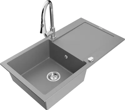 Produktbild von Mexen Leo 1 Becken-Granitspüle mit Abtropffläche und Mischbatterie Elia, Grau - 6501-71-670101-00